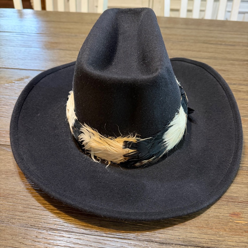 Vintage Black Wool Felt Cowboy Hat Feather Band Size 6 7/8 Western Boho Festival - Picture 3 of 10